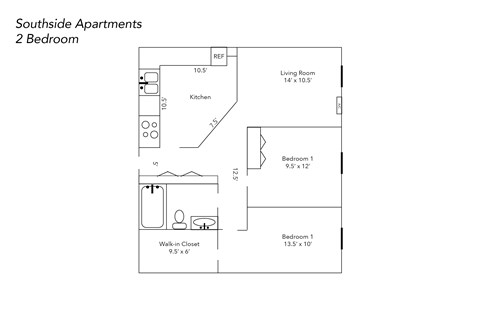 Floor plan for 2 beds, 1 bath